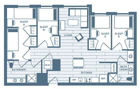 4 Bedroom, 2 Bath Student Living Apartment Floorplan 1