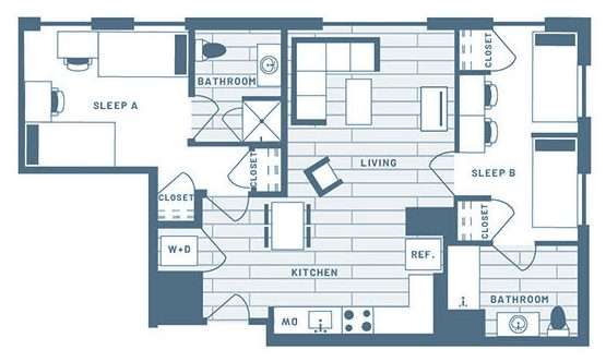 2 Bedroom, 2 Bath Double Student Living Apartment Floorplan 1