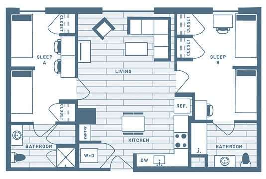 2 Bedroom, 2 Bath Double Student Living Apartment Floorplan 2