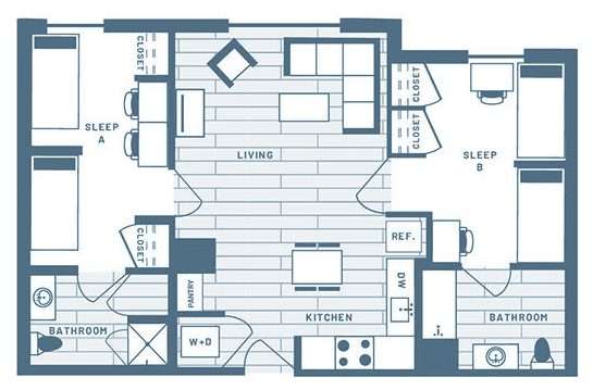 2 Bedroom, 2 Bath Double Student Living Apartment Floorplan 3