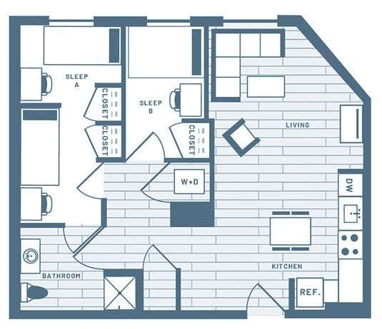 2 Bedroom, 1 Bath Student Living Apartment Floorplan 1