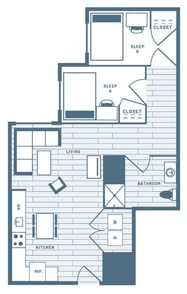 2 Bedroom, 1 Bath Student Living Apartment Floorplan 2