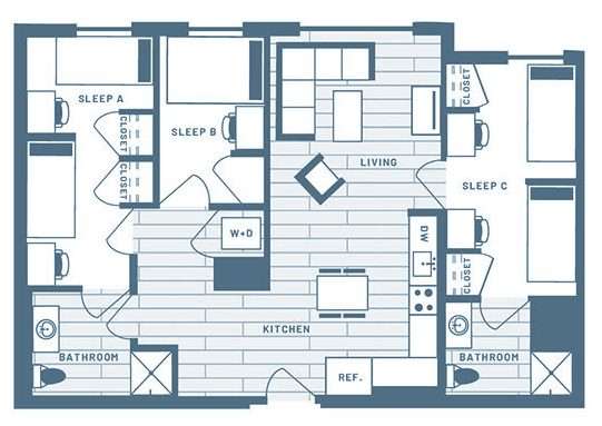 3 Bedroom, 2 Bath Student Living Apartment Floorplan 1