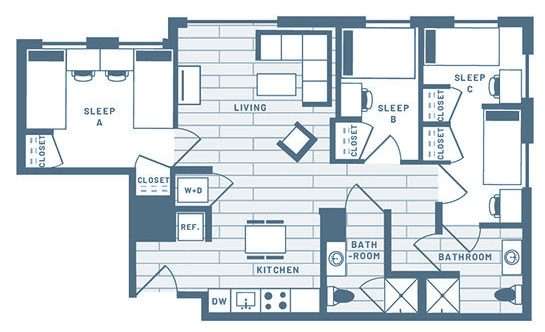 3 Bedroom, 2 Bath Student Living Apartment Floorplan 2