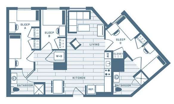 3 Bedroom, 2 Bath Student Living Apartment Floorplan 3