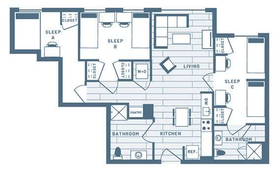 3 Bedroom, 2 Bath Student Living Apartment Floorplan 4