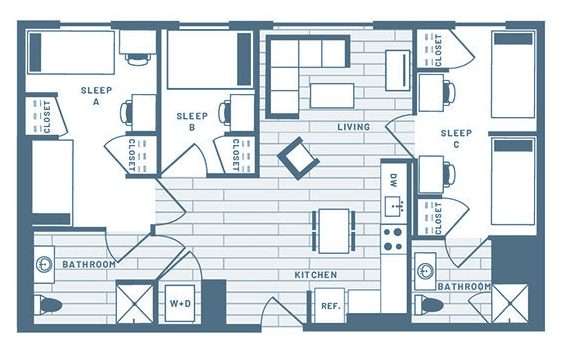 3 Bedroom, 2 Bath Student Living Apartment Floorplan 5