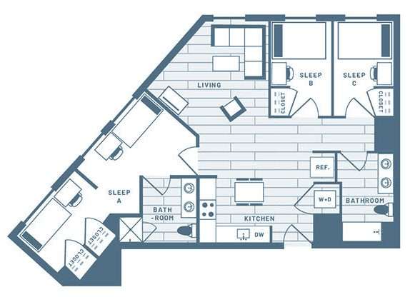 3 Bedroom, 2 Bath Student Living Apartment Floorplan 6