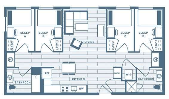 4 Bedroom, 2 Bath Student Living Apartment Floorplan 2