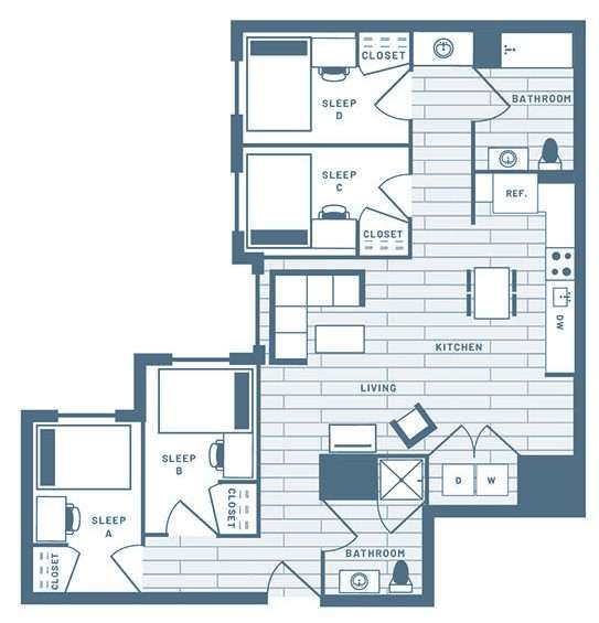 4 Bedroom, 2 Bath Student Living Apartment Floorplan 3