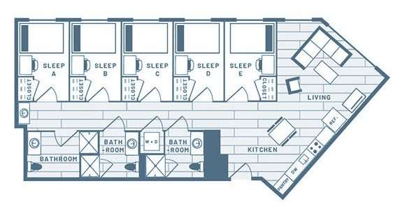 5 Bedroom, 3 Bath Student Living Apartment Floorplan 1