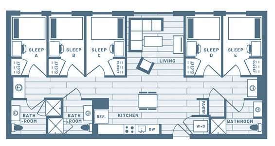 5 Bedroom, 3 Bath Student Living Apartment Floorplan 2
