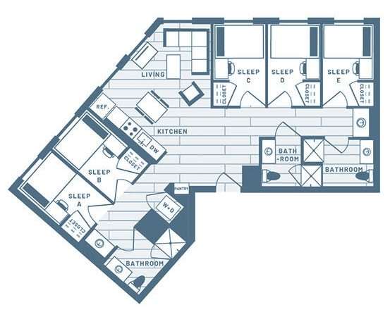 5 Bedroom, 3 Bath Student Living Apartment Floorplan 3