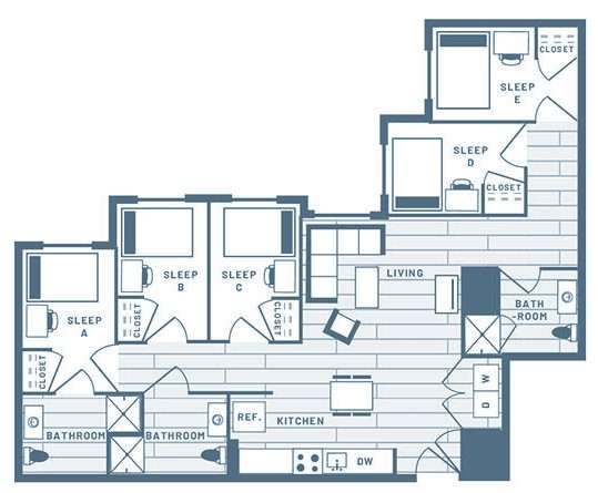 5 Bedroom, 3 Bath Student Living Apartment Floorplan 4