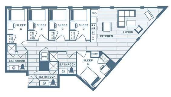 5 Bedroom, 3 Bath Student Living Apartment Floorplan 5